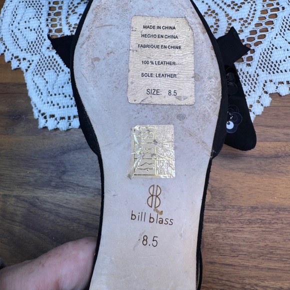 Bill Blass Leather Black Floral Sequins Ankle Strap 8.5 Anthrologie Bow Party - Picture 8 of 9